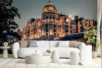 Coastal skyline mural on dining room feature wall, cool color palette