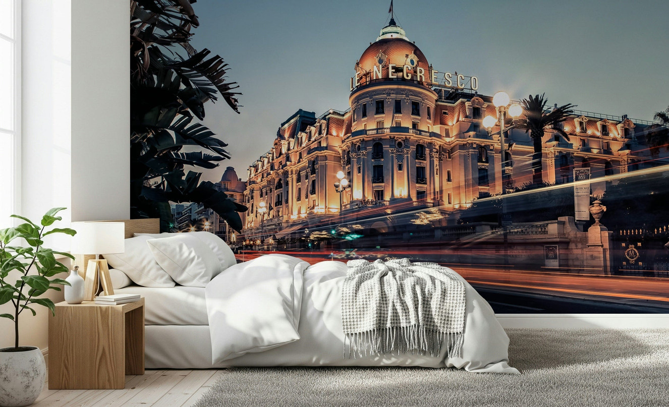 Coastal night mural in modern living room, deep blue color feature wall