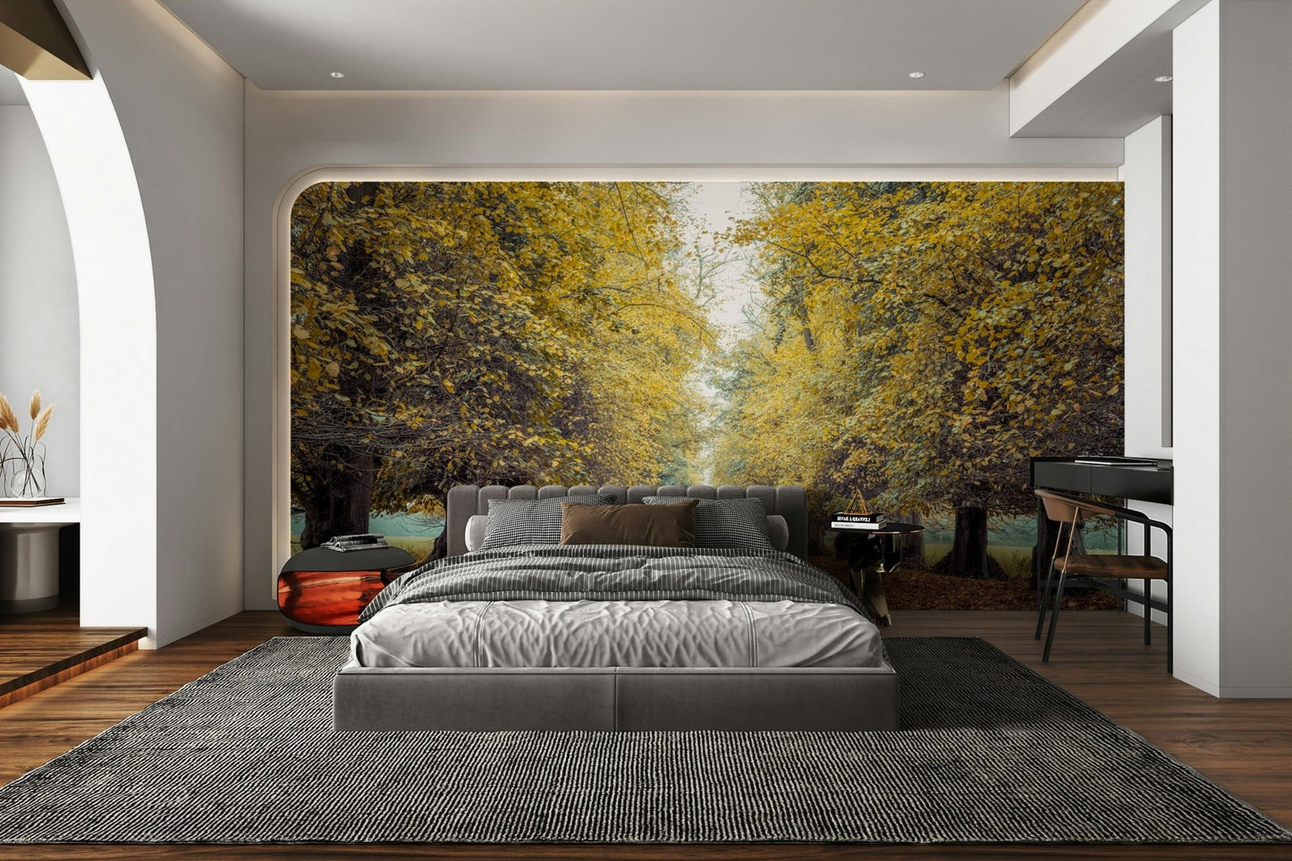 Features a scenic view of a straight road or path, disappearing into the distance.
