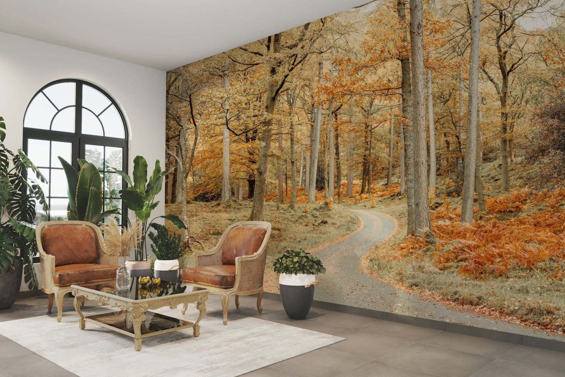 Road through trees with autumn leaves mural

