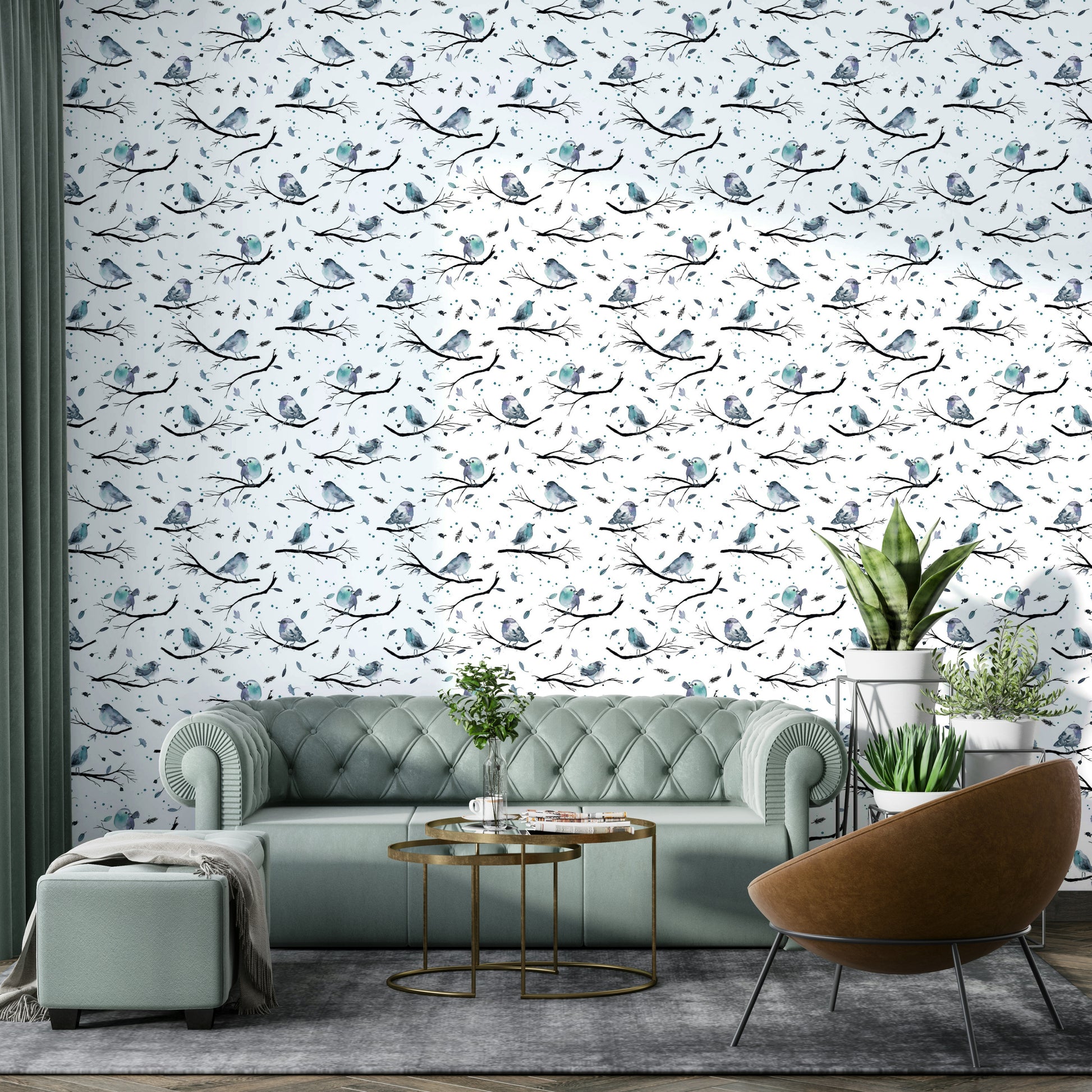 Birds and branches motif in aqua blue tones

