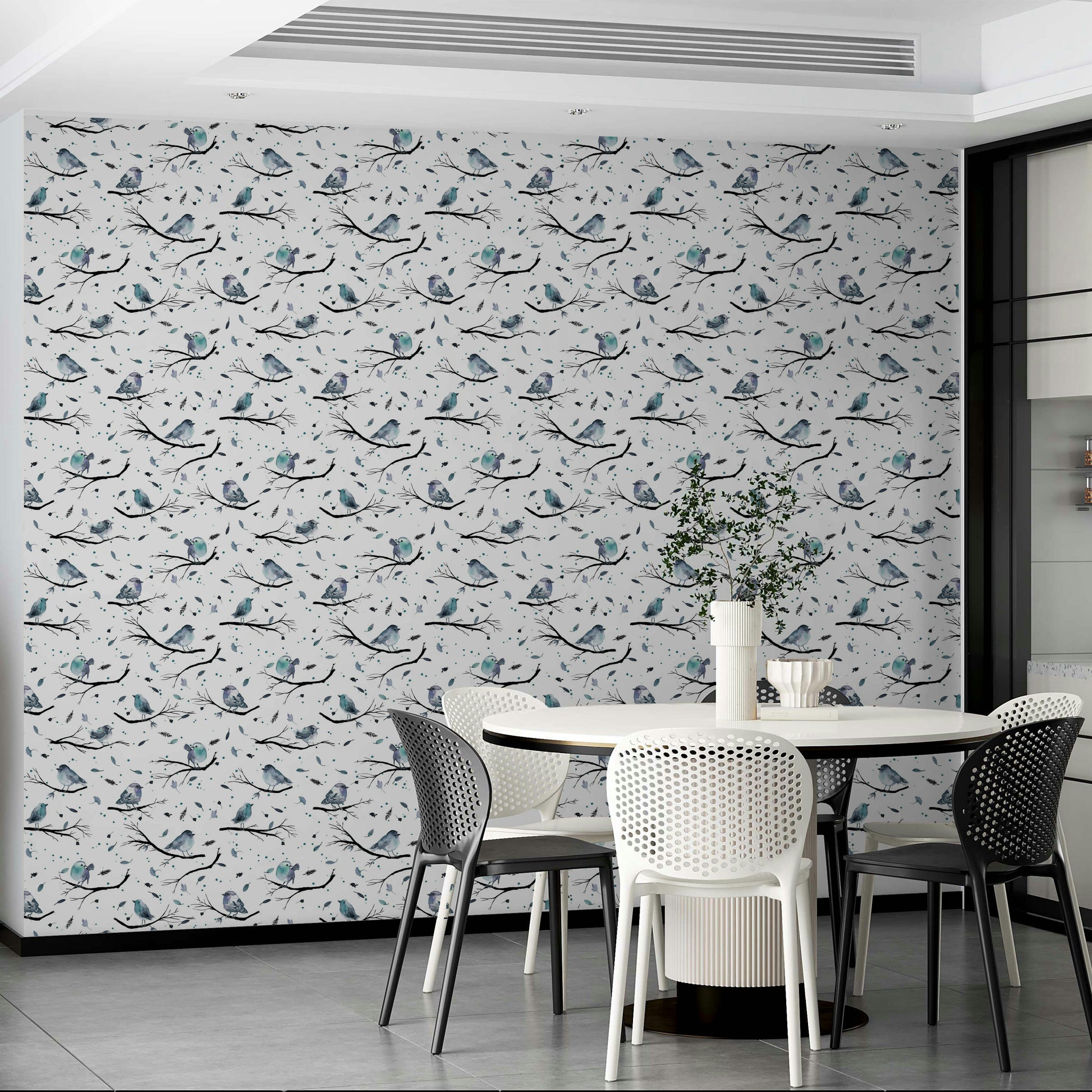 Nature-inspired robin design on blue wallpaper

