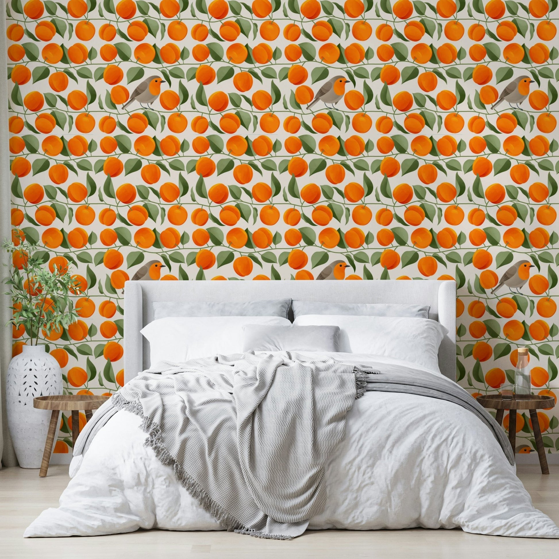 Whimsical fruit and bird wall mural

