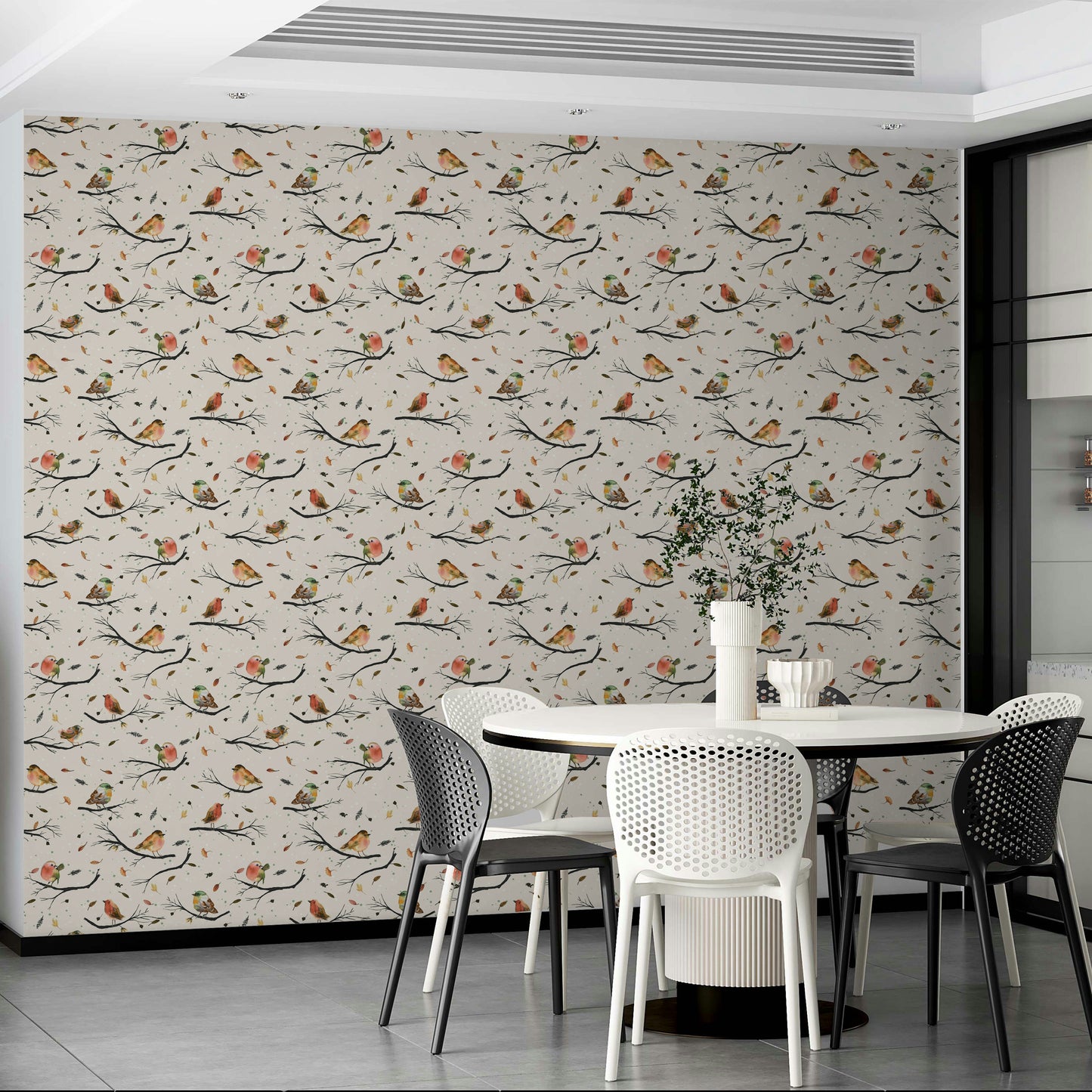 Woodland wallpaper with red birds and twigs

