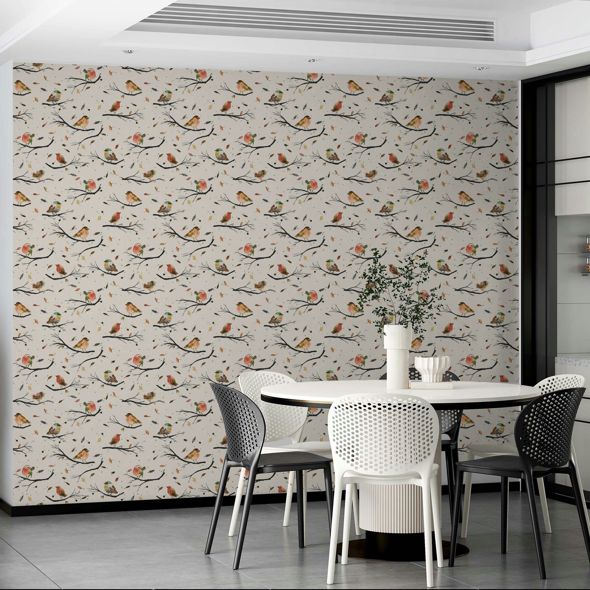 Woodland wallpaper with red birds and twigs


