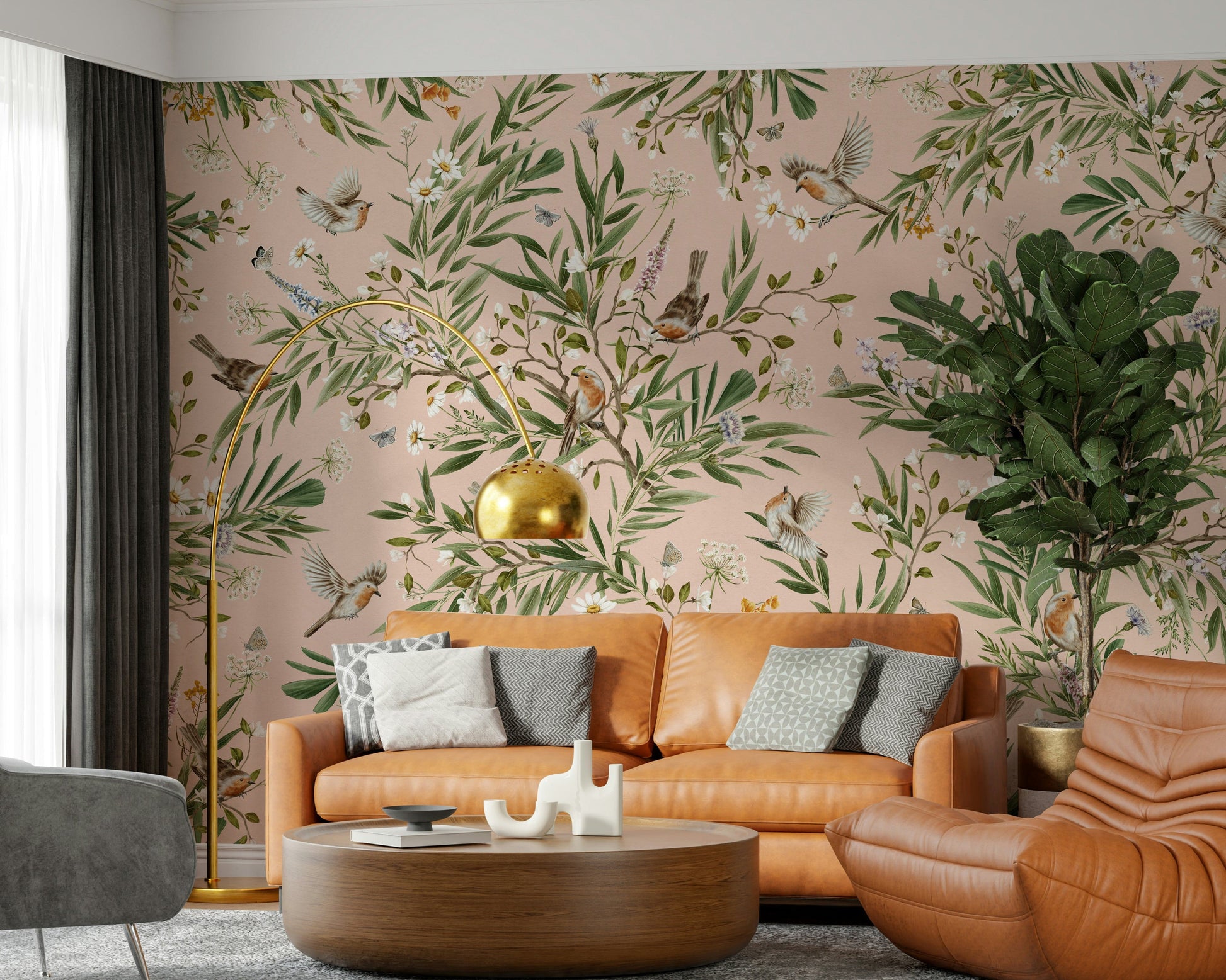 Robin's Bloom Wall Mural with cream flowers and sage leaves for a guest bedroom