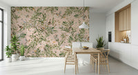 Floral and bird wall mural for a cozy bedroom headboard wall in calm colors