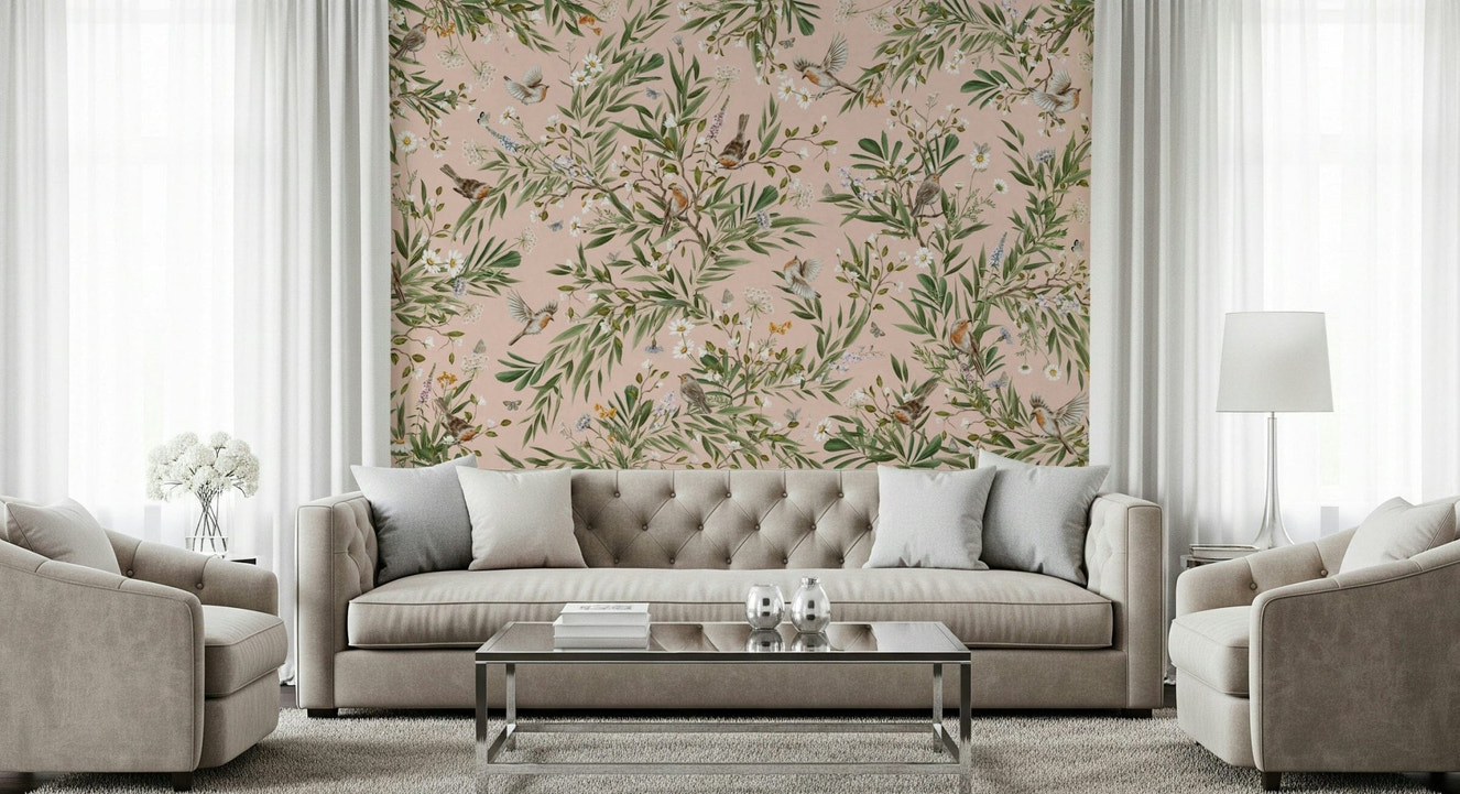 Botanical mural with robin birds and blush blooms for a modern living room feature wall