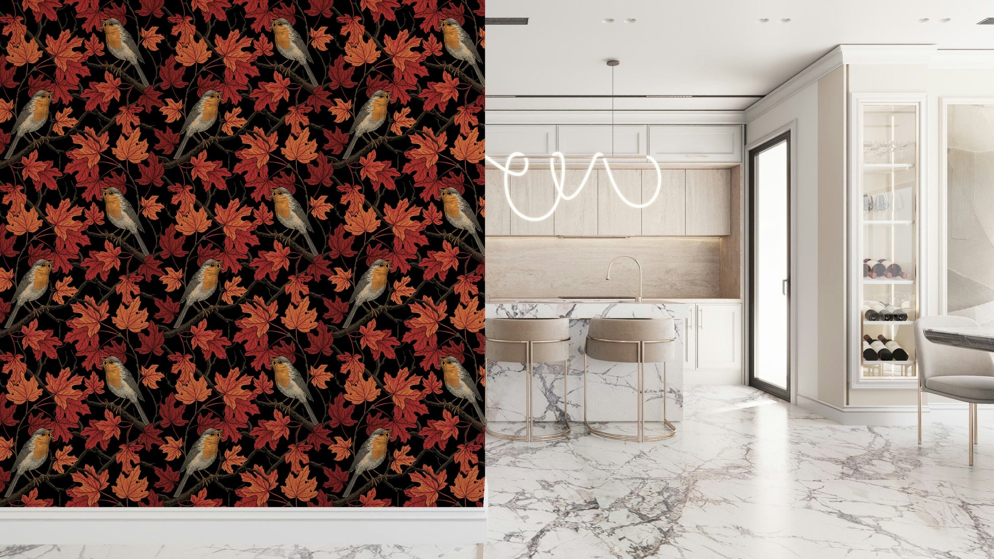 Robins in Autumn Maple Tree Wall Mural – Striking wallpaper design capturing robins in colorful maple leaves on a dark backdrop.