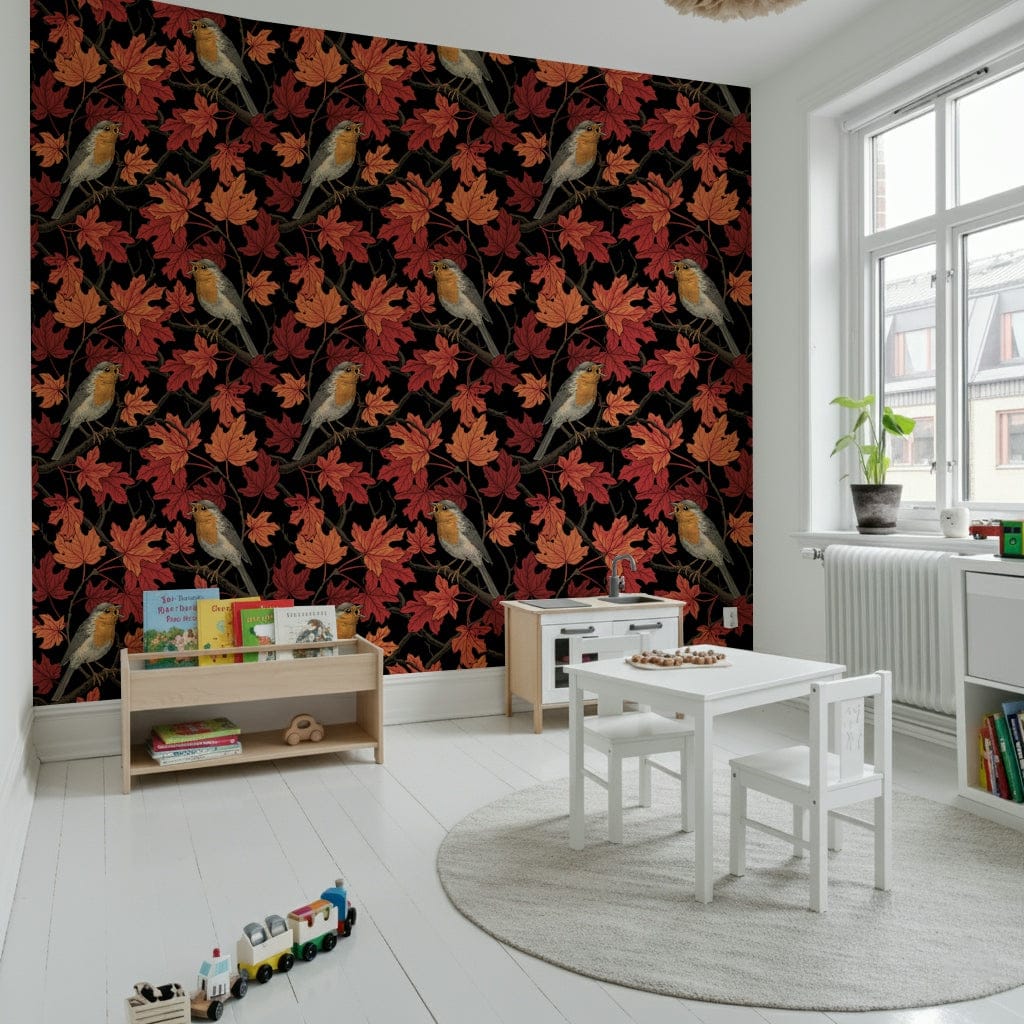 Maple Foliage and Robins Wall Mural – Sophisticated wallpaper featuring lively robins amid detailed maple branches.