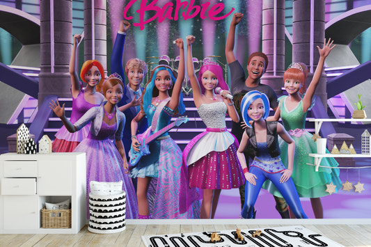Vibrant mural showcasing Barbie in a rockstar princess theme
