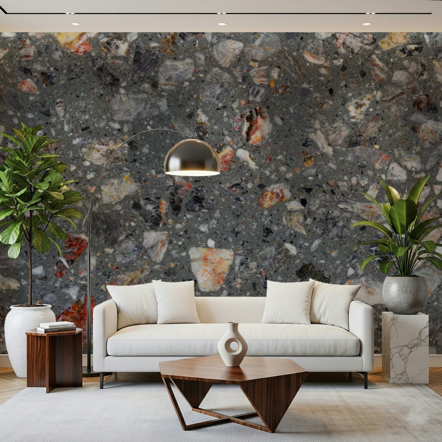 Speckled Rocky Grey aggregate wallpaper modern terrazzo design.
