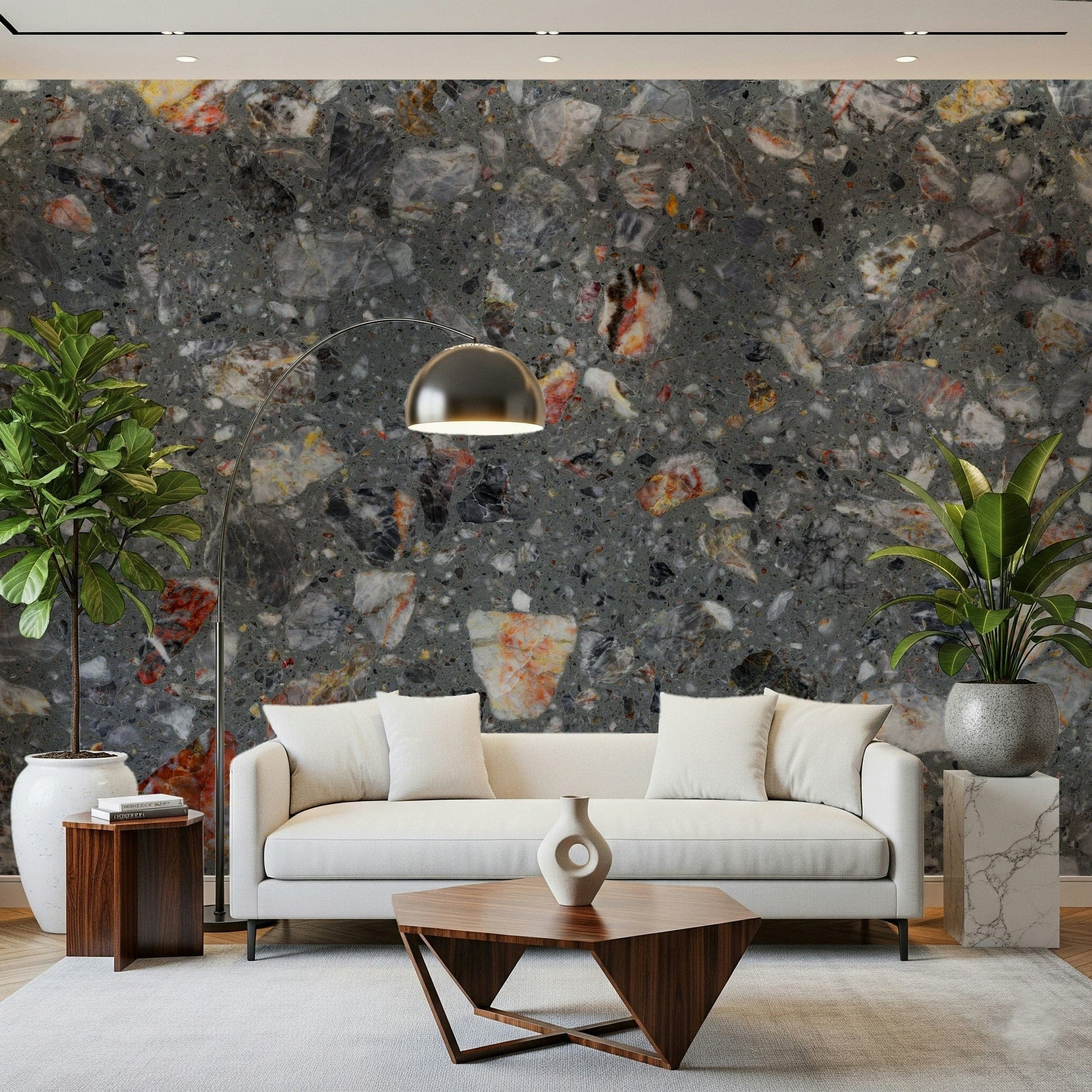 Speckled Rocky Grey aggregate wallpaper modern terrazzo design.