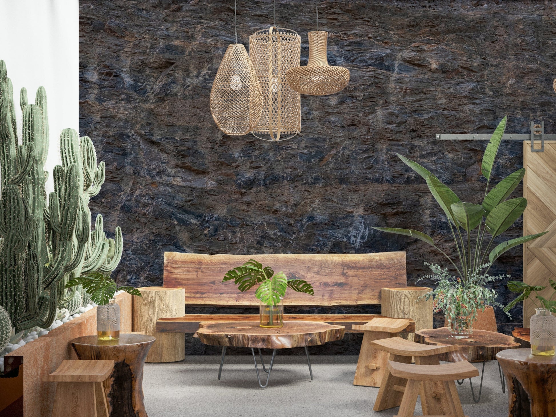 Textured wall mural inspired by rocky cliffs and natural stone surfaces for industrial-style spaces.