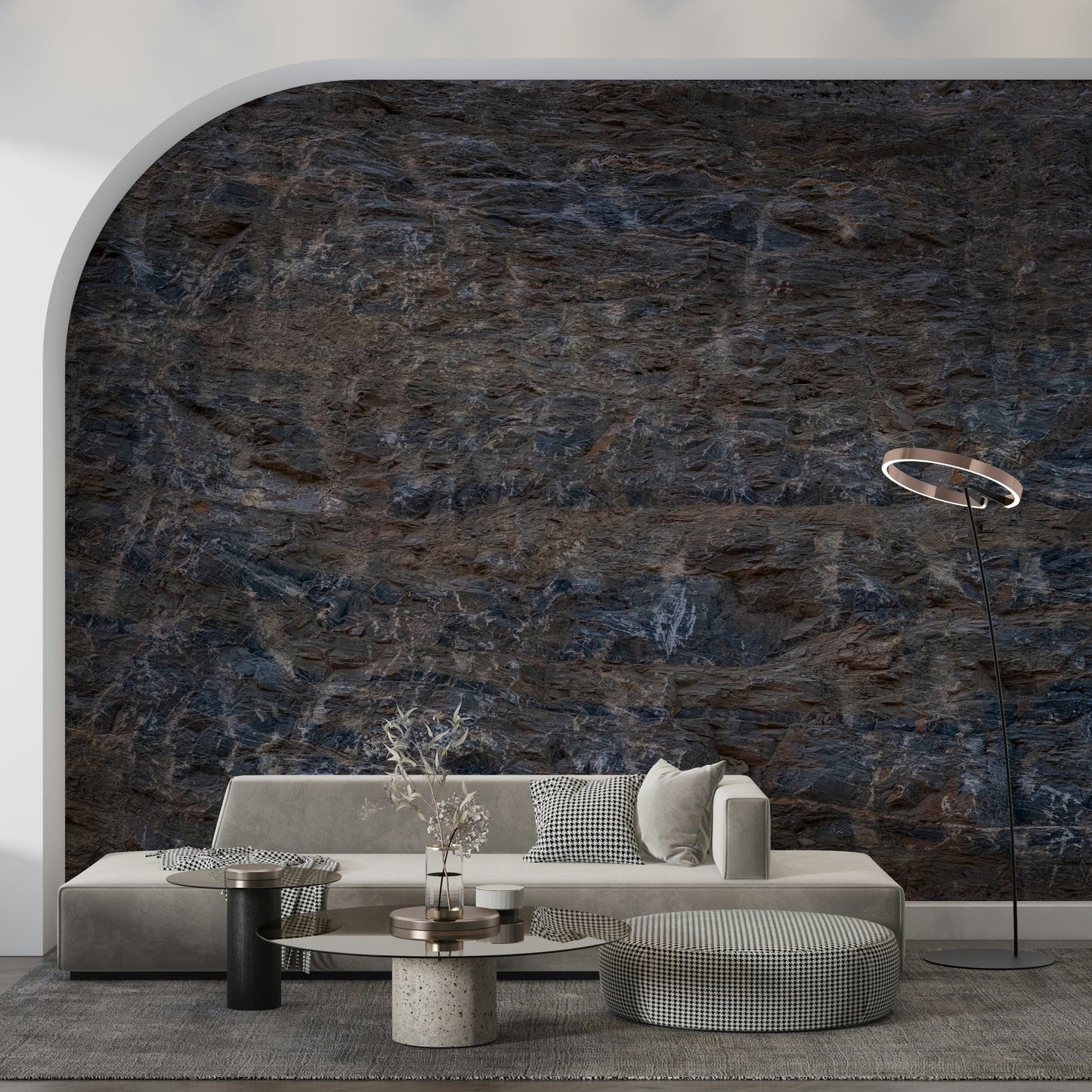 Realistic rocky landscape mural capturing rough terrain and mineral details for modern interiors.