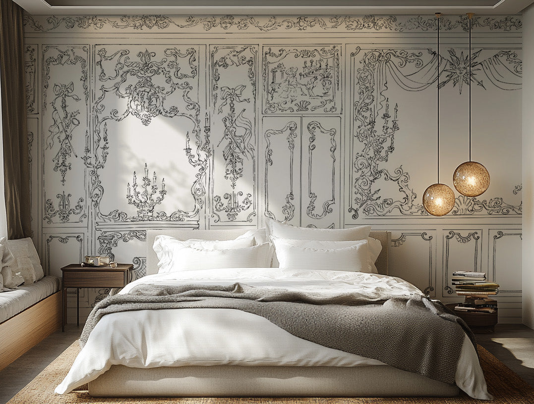 Rococo ornate wall panel design wallpaper for luxury decor

