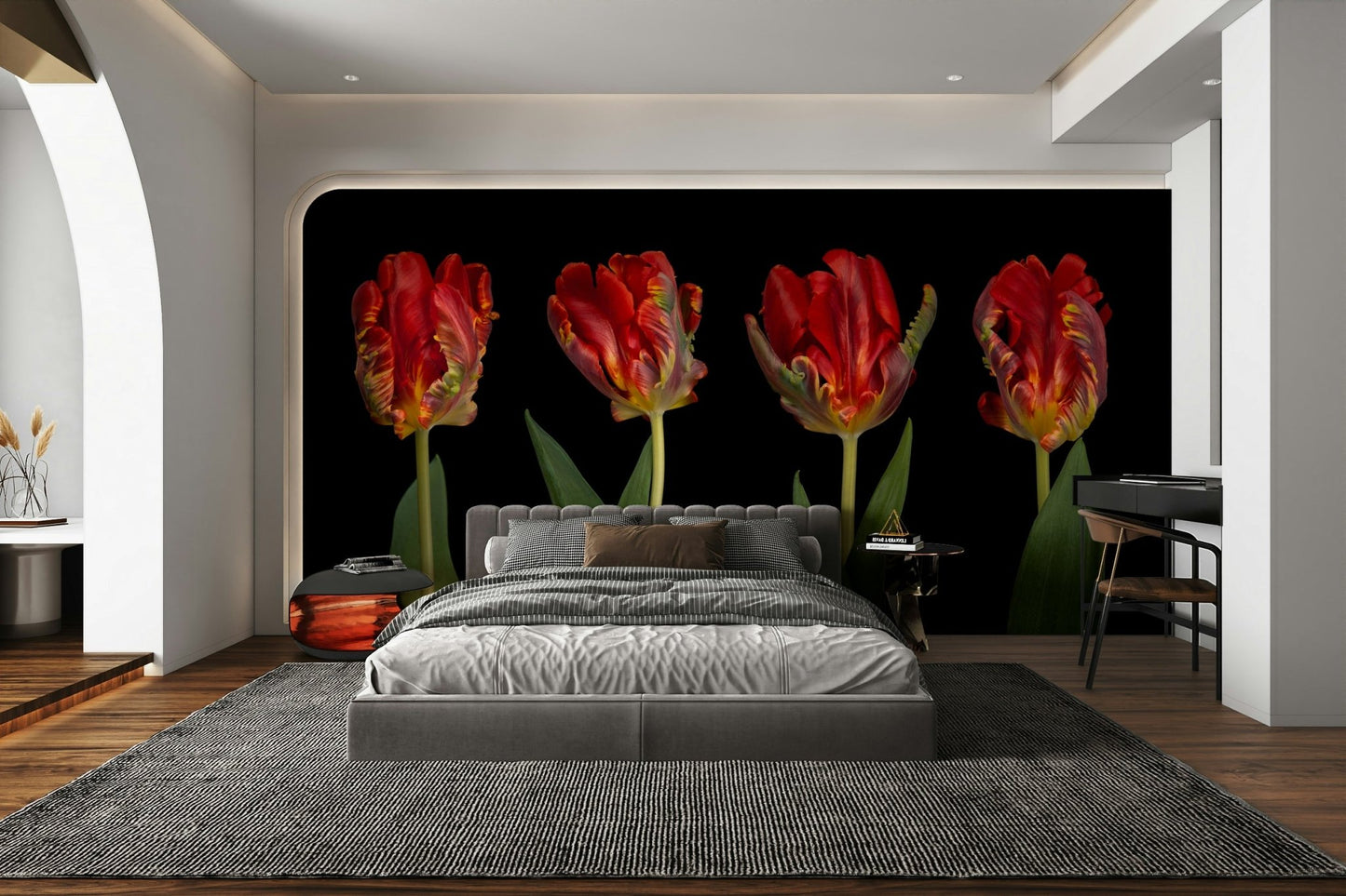 A wall mural of four red tulips.

