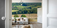 A beautiful wide-angle wall mural of rolling fields.

