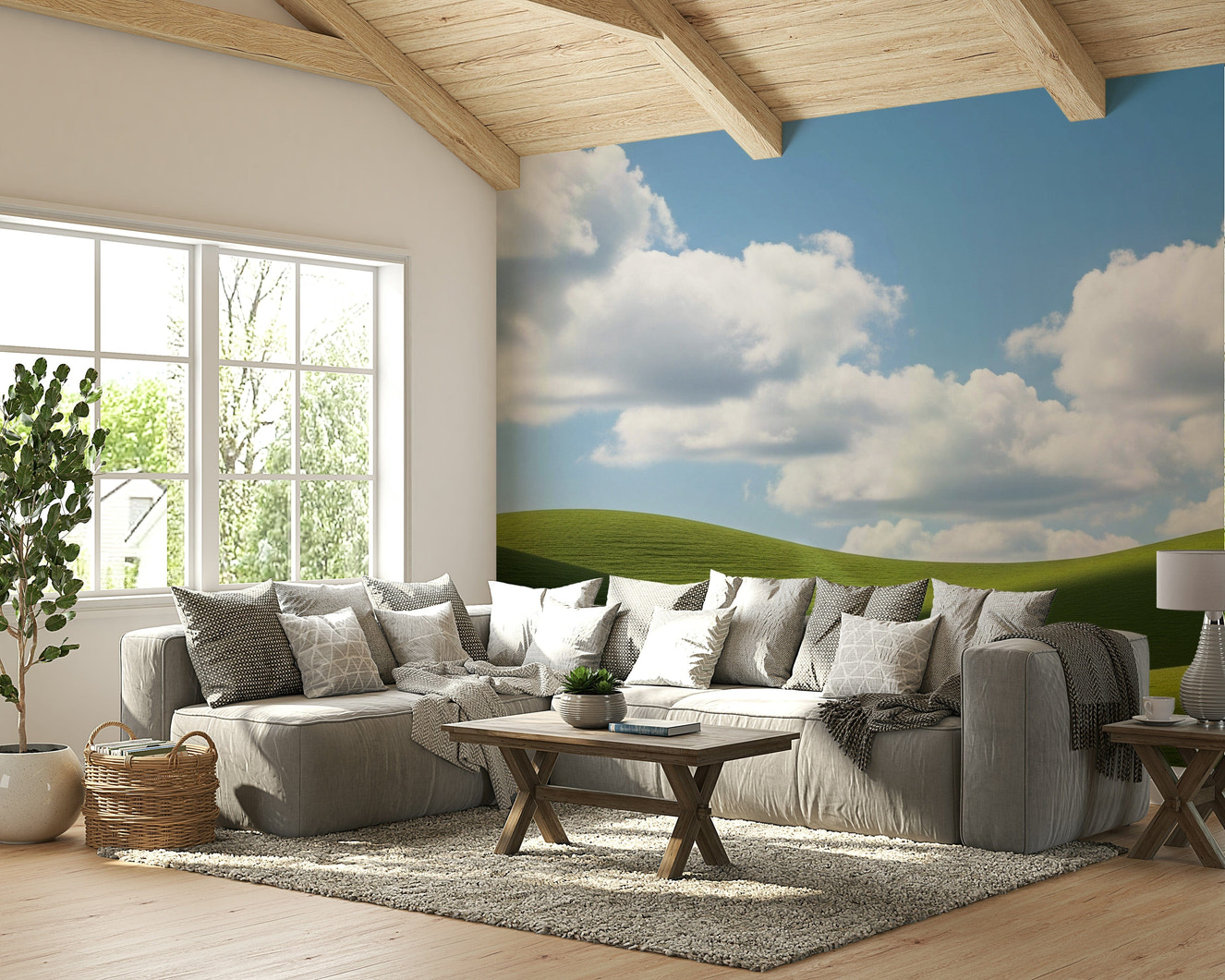 A peaceful wall mural with a charming countryside scene.

