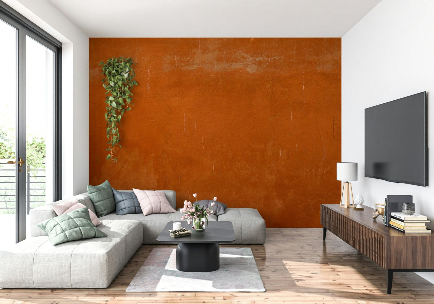 Roman Sall wall mural showing raw stucco-inspired wall texture