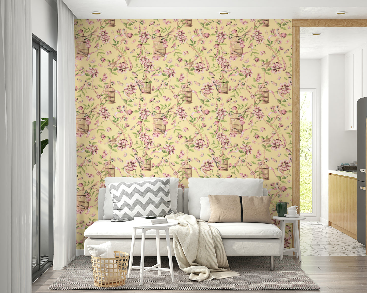 Wallpaper with pastel peonies and delicate birds on branches.

