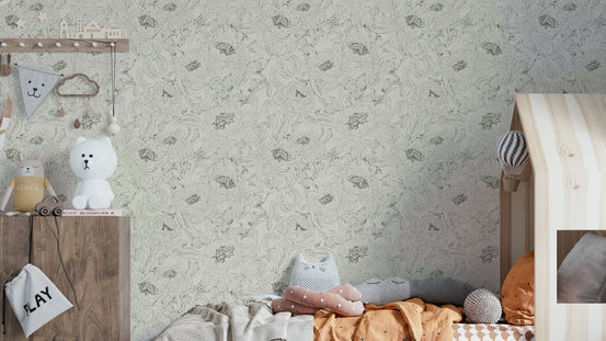 Green wallpaper with peony line art design

