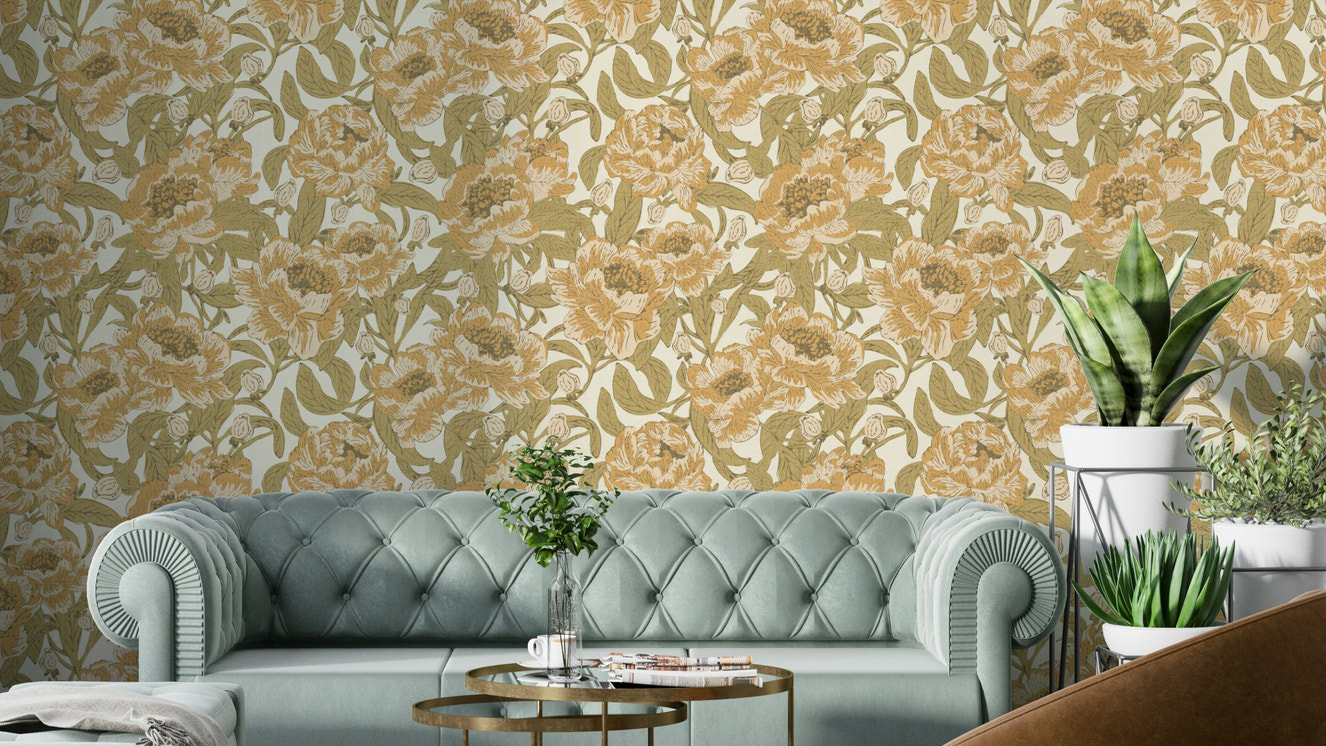 Mustard gold wallpaper with romantic peonies

