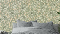 Sage green wallpaper with romantic peonies


