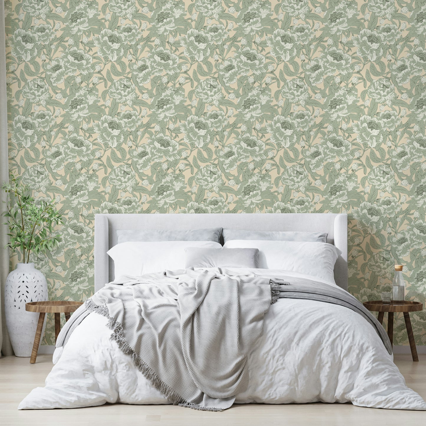 Classic peony pattern on sage green wallpaper

