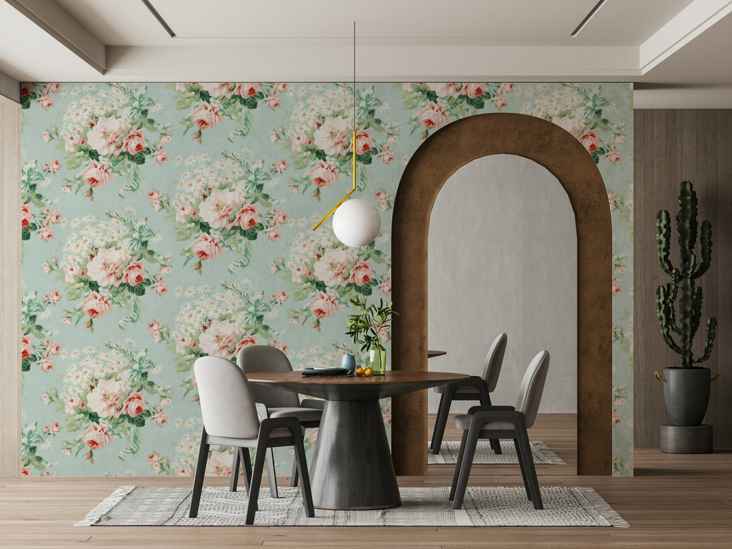 Close-up of floral clusters with pink roses and classic daisies.

