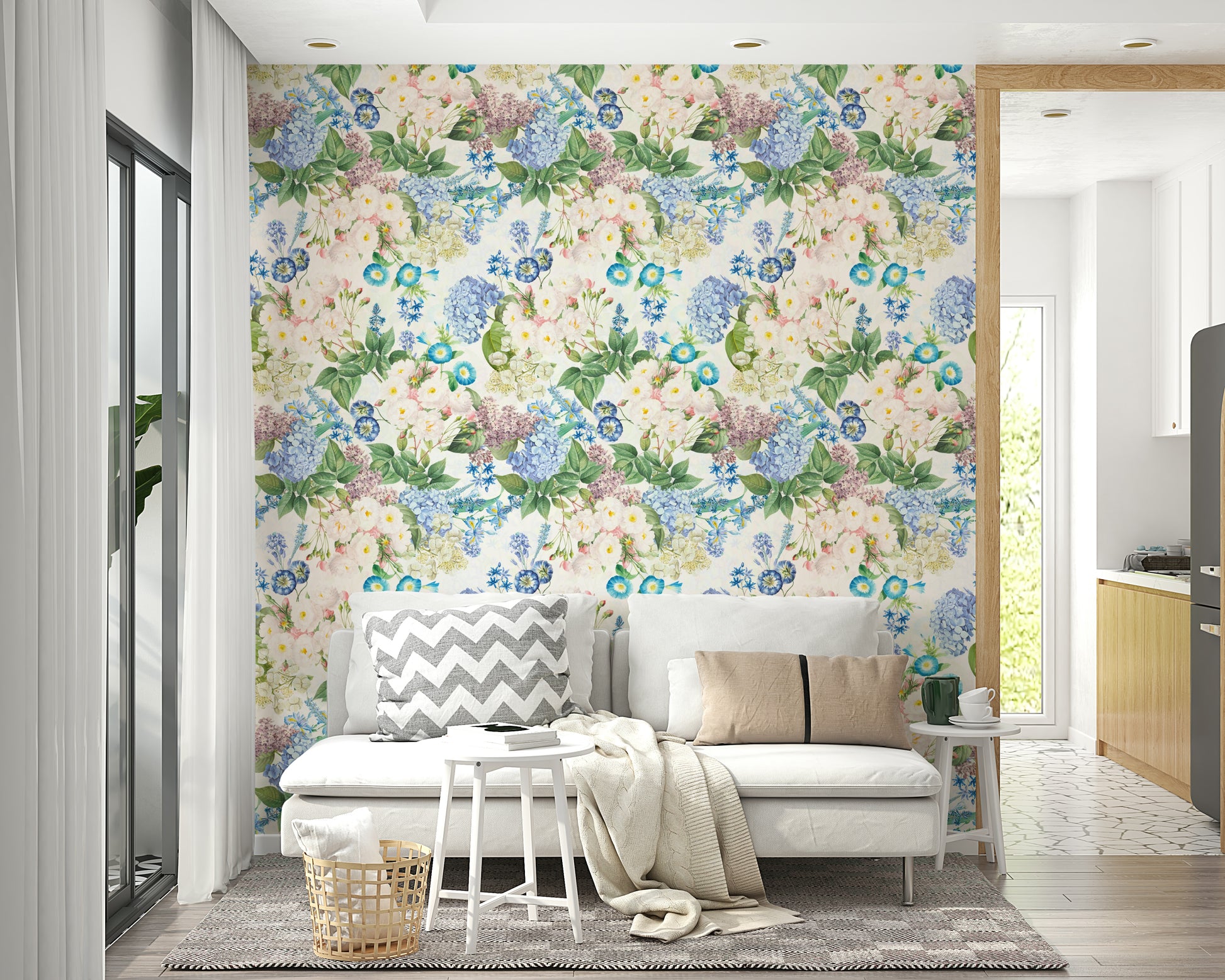 Hydrangea and rose wallpaper with pastel tones

