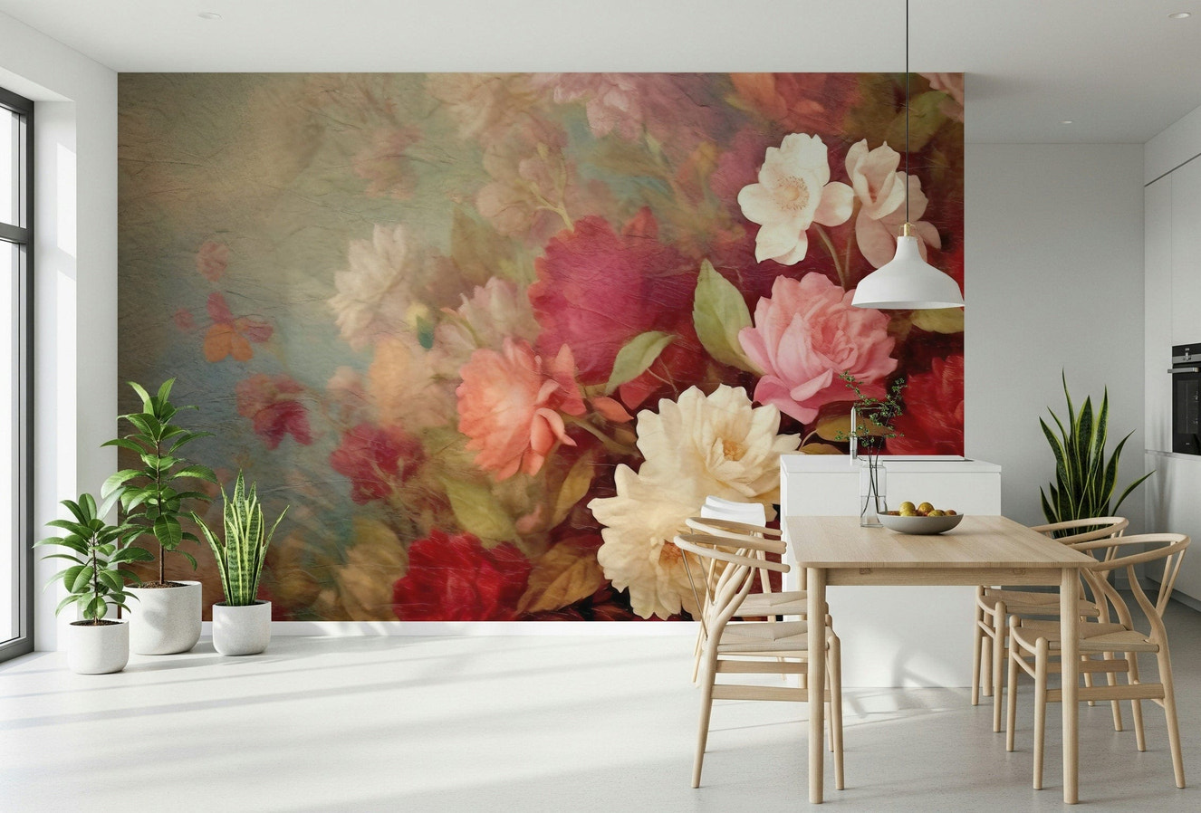 A contemplative floral pattern wallpaper mural for a feature wall.

