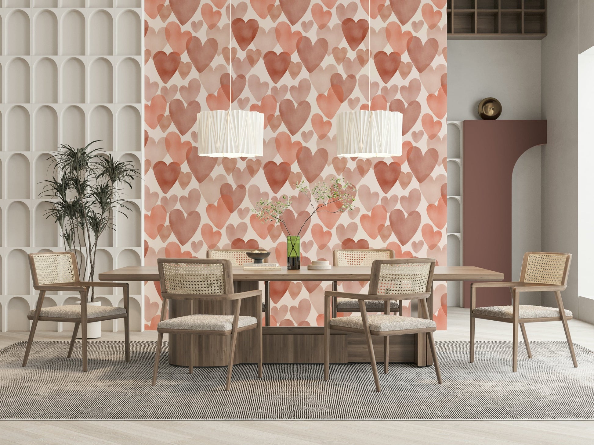 Watercolour Hearts wallpaper featuring delicate heart clusters on a creamy, light backdrop.