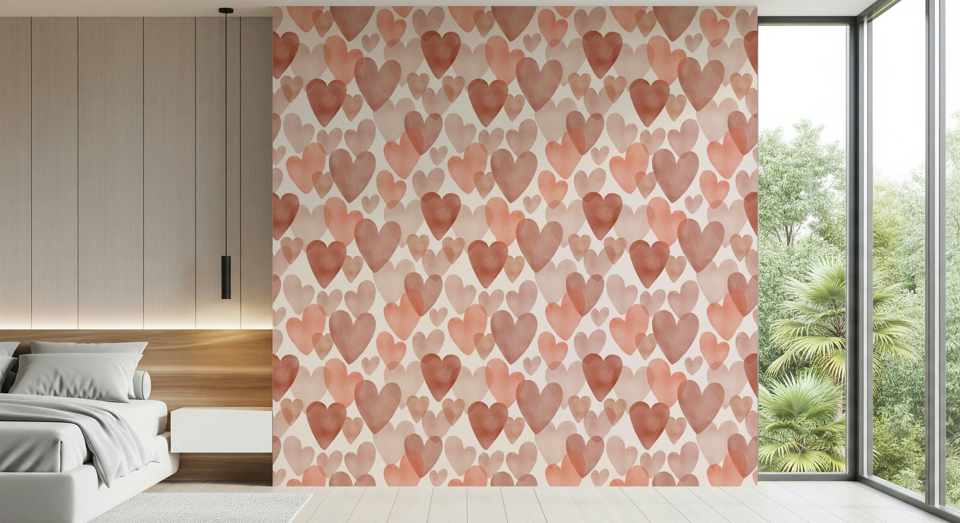 Soft pastel wallpaper mural filled with overlapping watercolor hearts in warm blush hues.