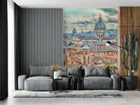 Eternal City View peel and stick wallpaper portrays rustic terracotta roofscape.