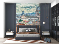 Eternal City View peel and stick wallpaper depicting vintage European cityscape.