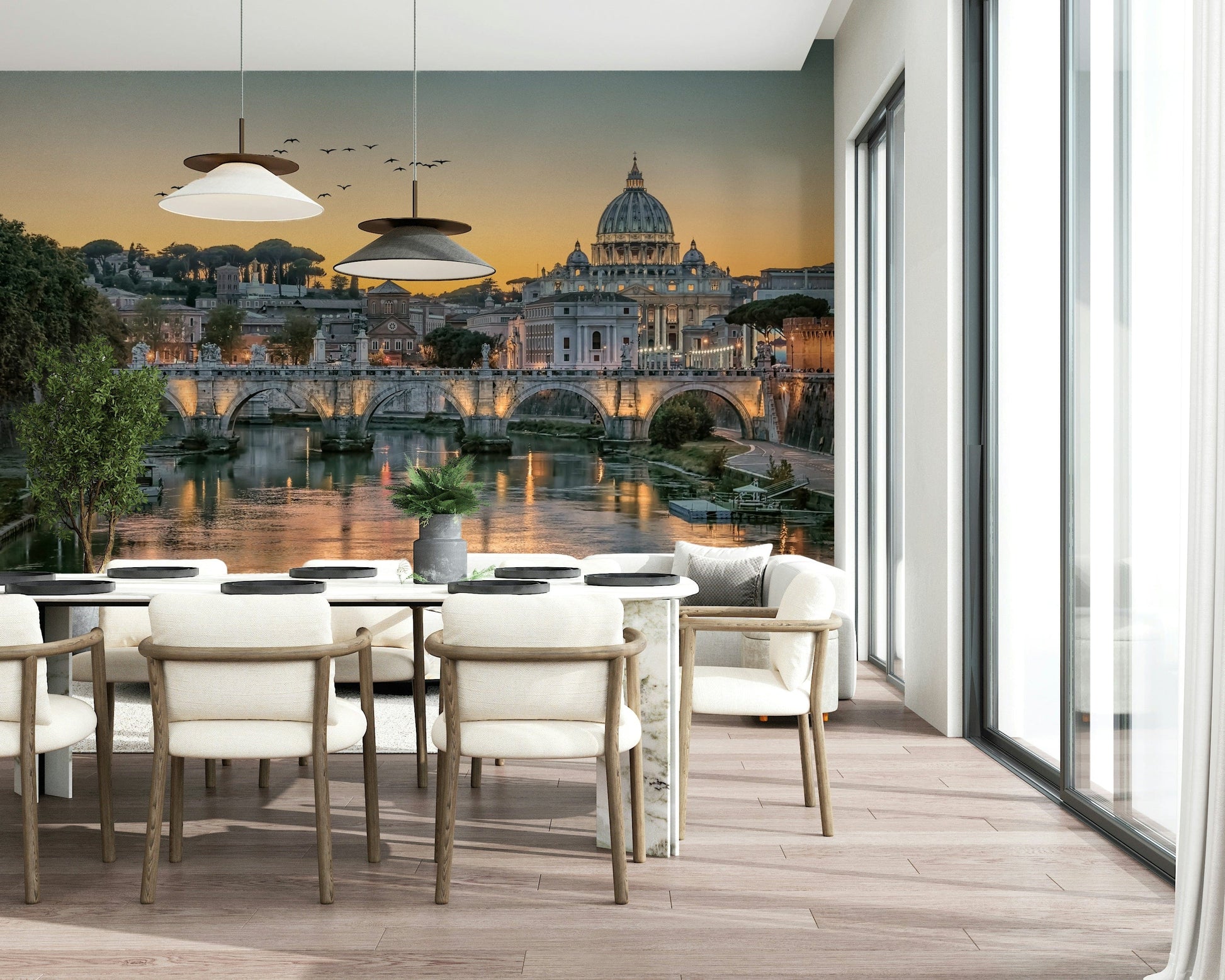 Italian urban landscape wall decor behind a dark wood office desk.