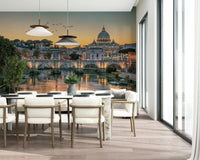 Italian urban landscape wall decor behind a dark wood office desk.