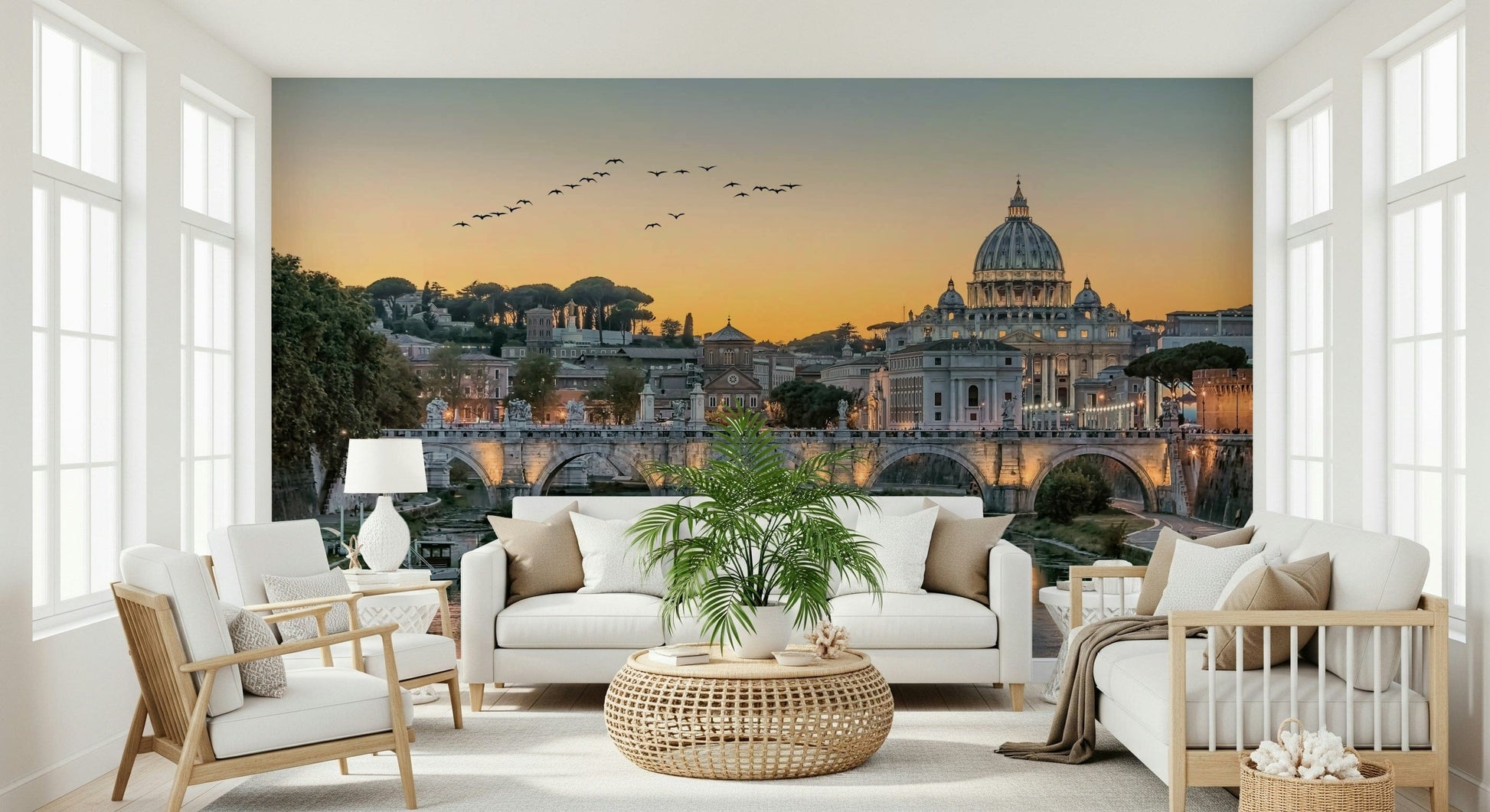 Classic sunset scene used as a backdrop for a modern lounge area.