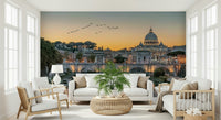 Classic sunset scene used as a backdrop for a modern lounge area.