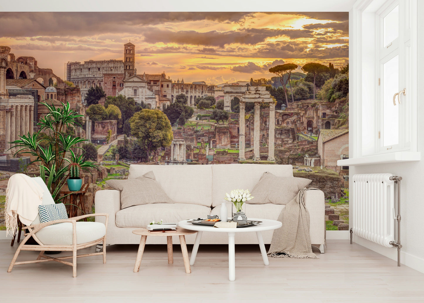 Rome's Ancient Aura Wall Mural behind sofa in neutral color living room