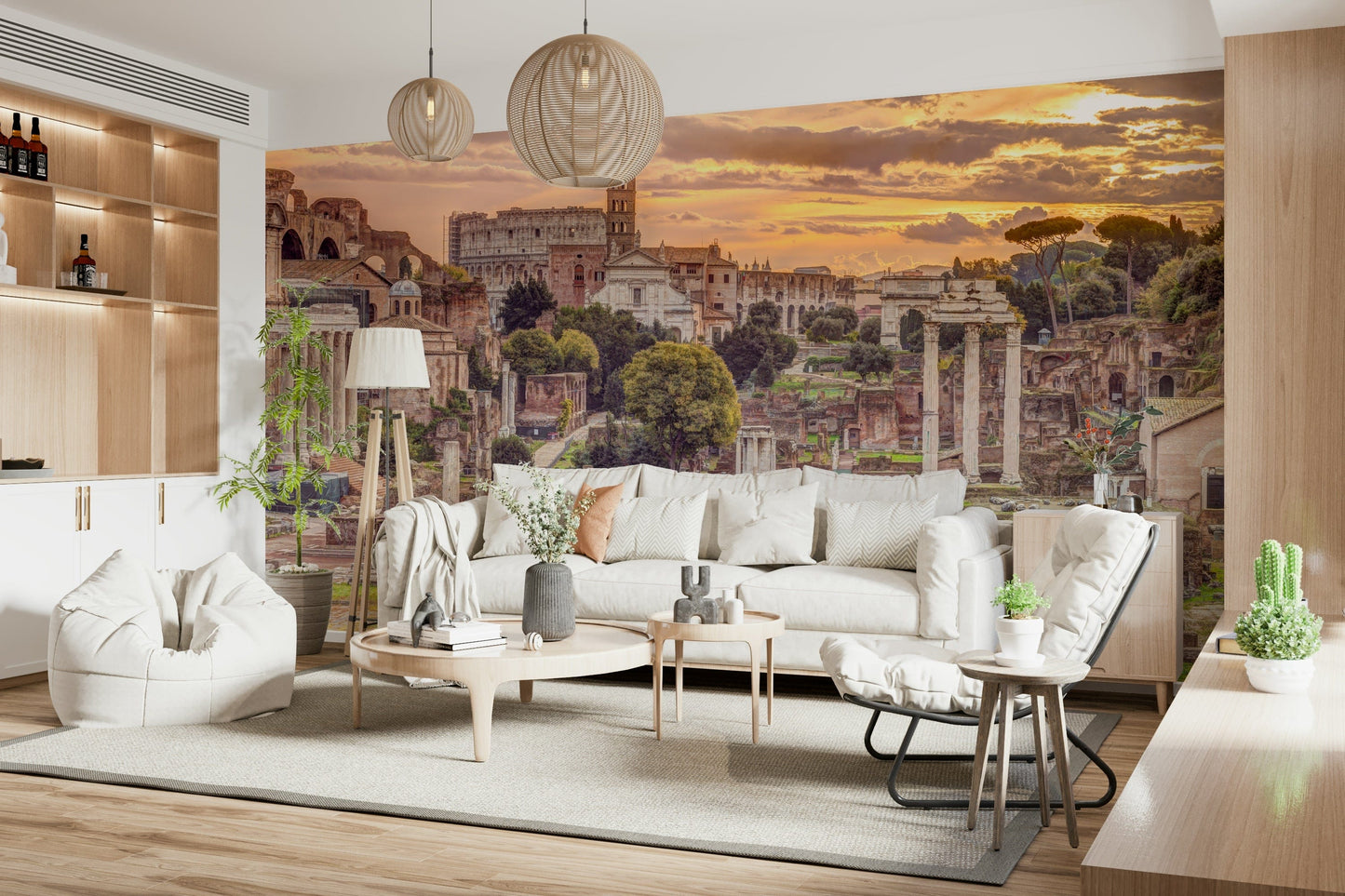 Sepia Roman temple columns wall mural for home office backdrop