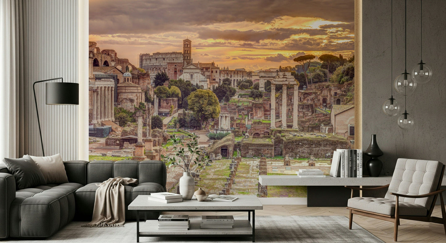 Roman ruins skyline wall mural in warm color tones for apartment feature wall