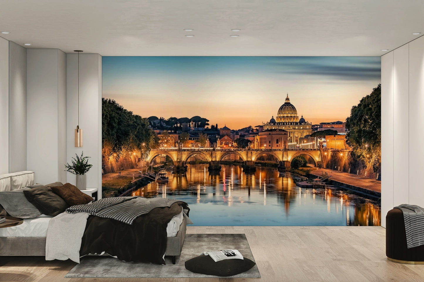 A calming ancient city wallpaper mural that defines a space.

