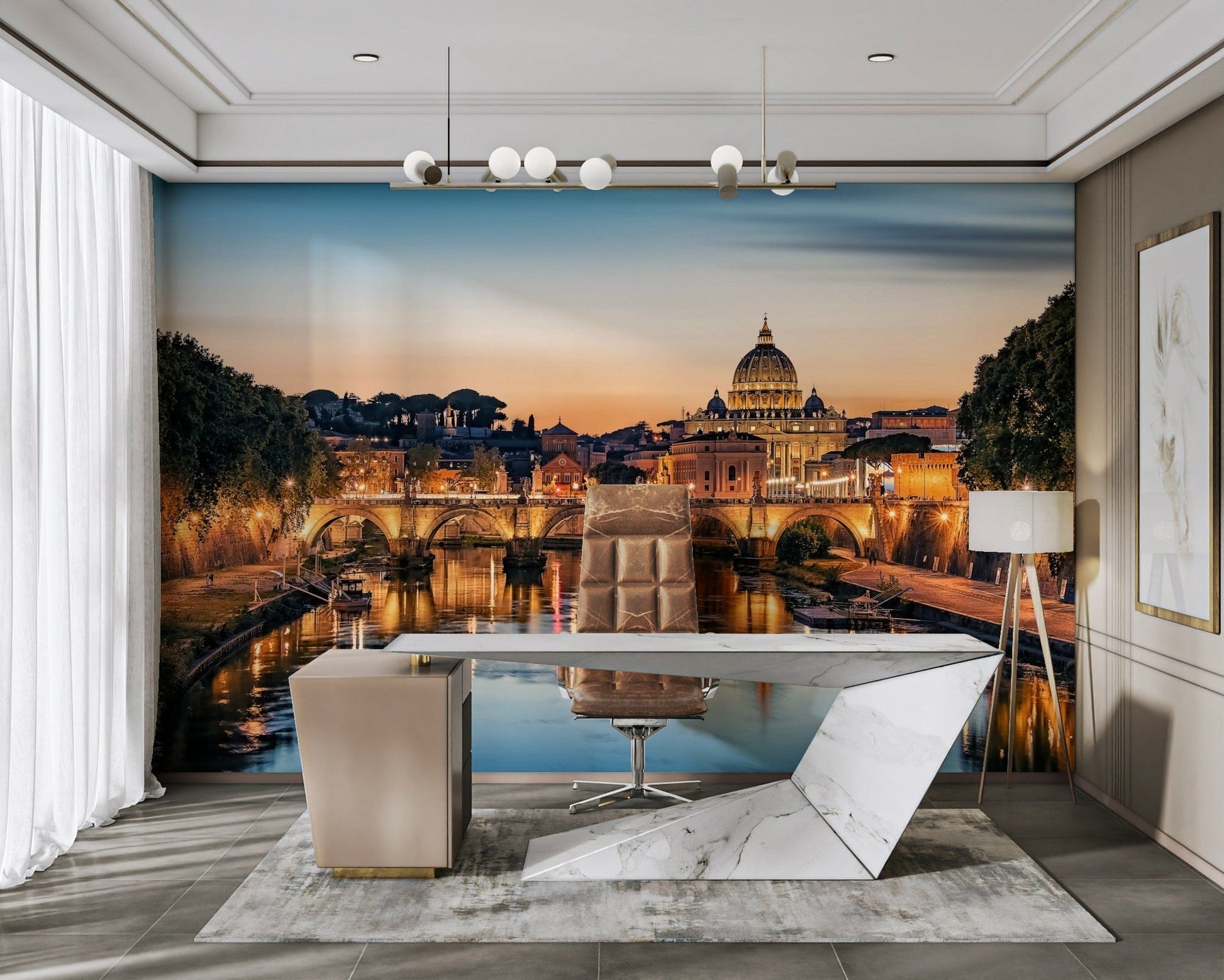 A peaceful historic city mural on decorative wallpaper.

