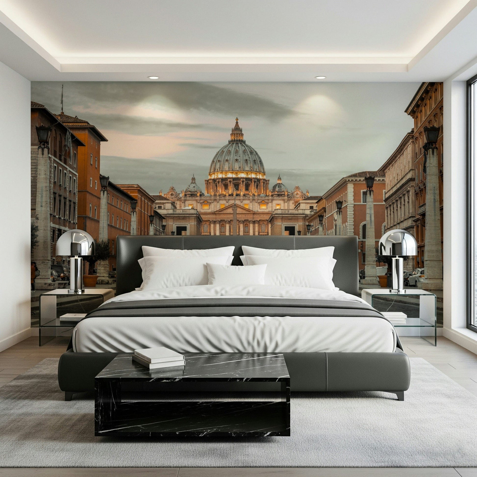 Architectural wonder Eternal City Vista wallpaper mural twilight shadows building.