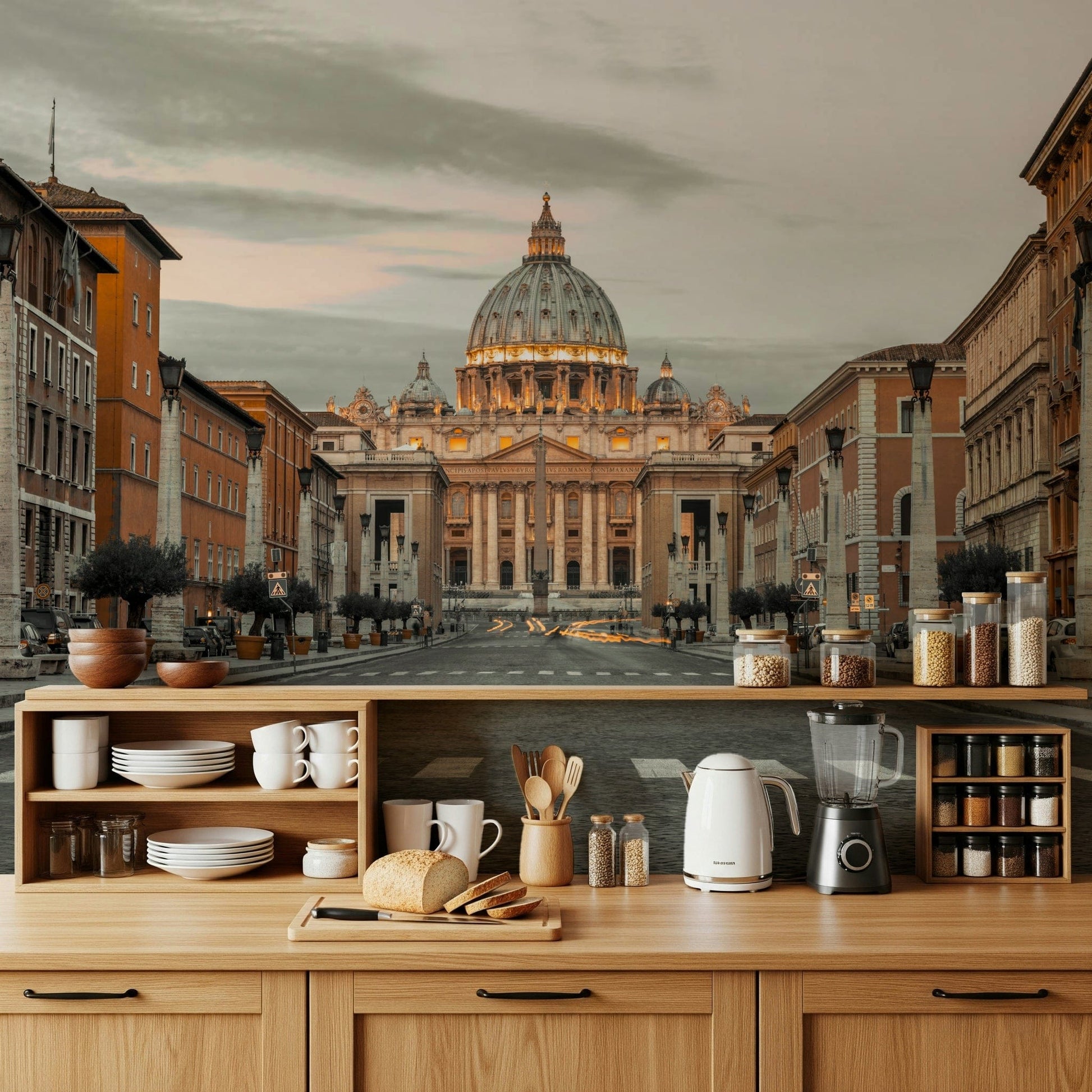 Eternal City Vista classical cathedral skyline wallpaper mural ornate details.