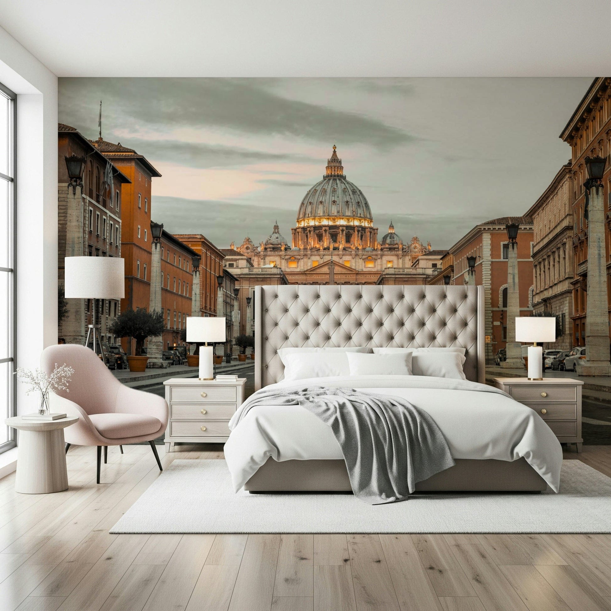 Roman cobblestone path Eternal City Vista peel and stick wallpaper.