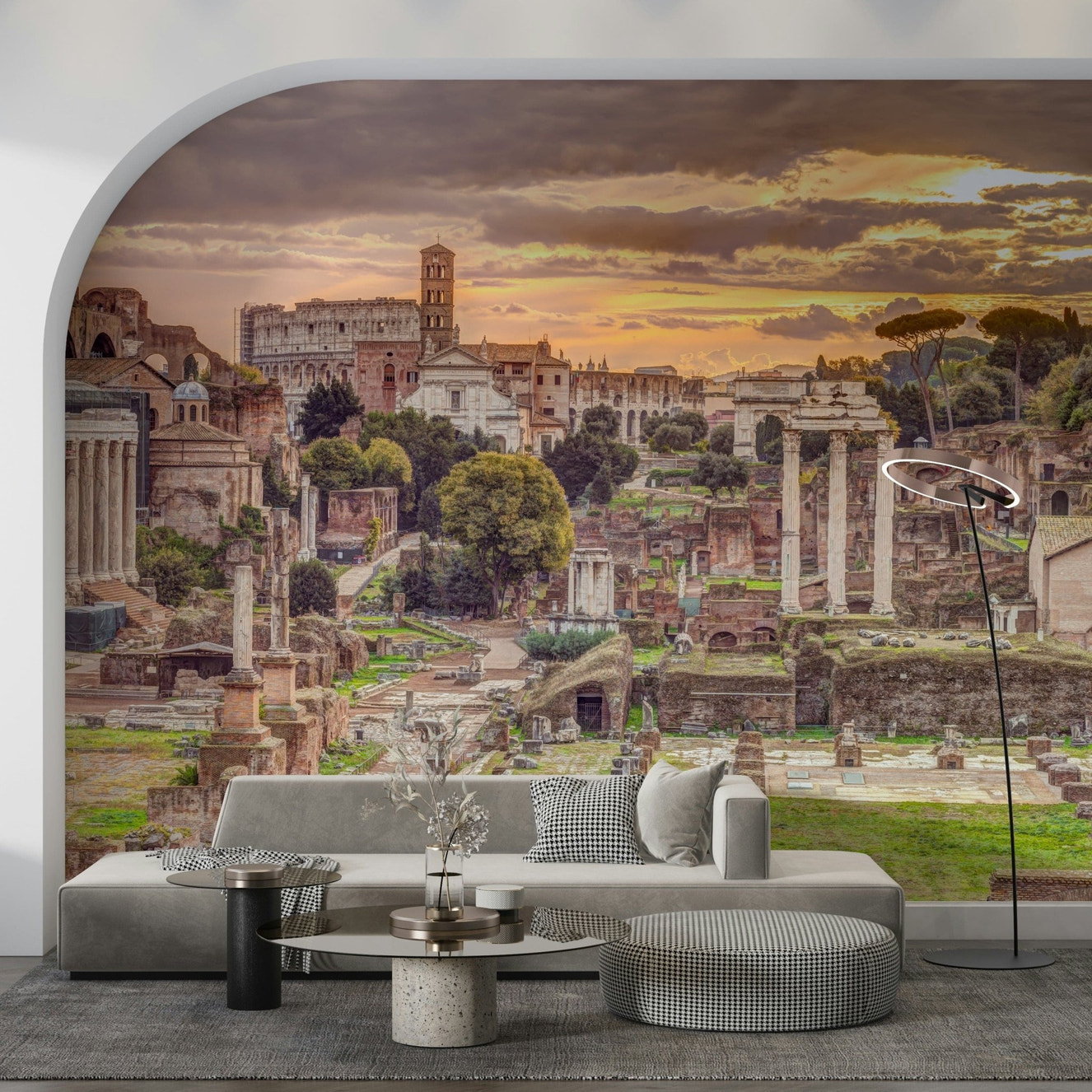 Rome-inspired ancient stone arches mural for modern living room wall decor
