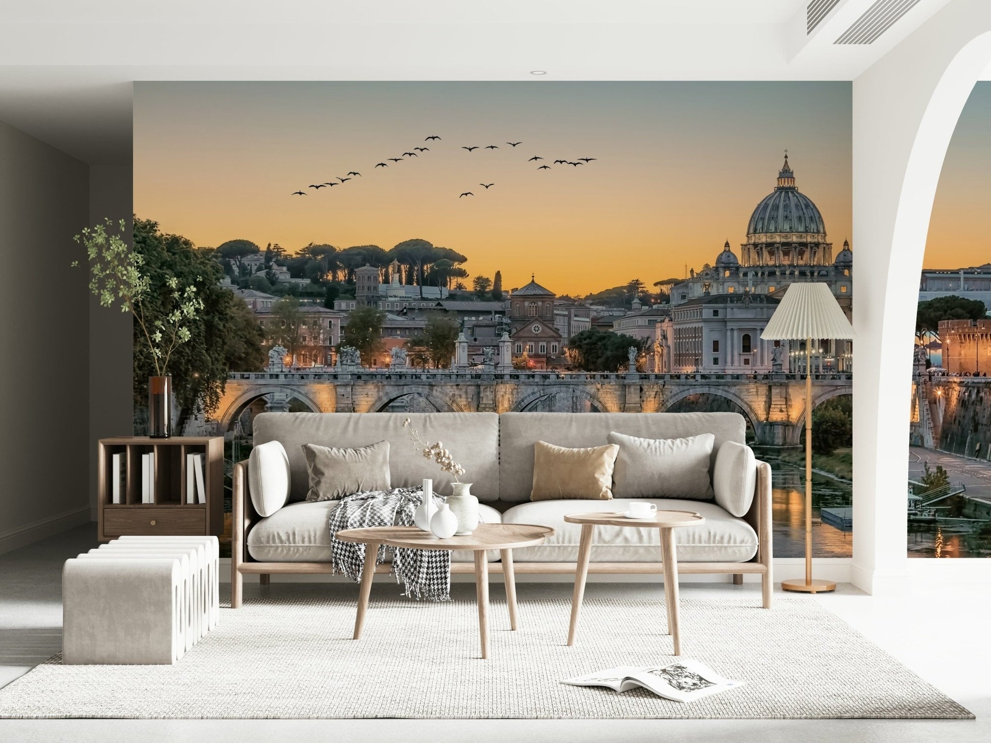 Warm color palette architectural mural paired with indoor plants in a hallway.